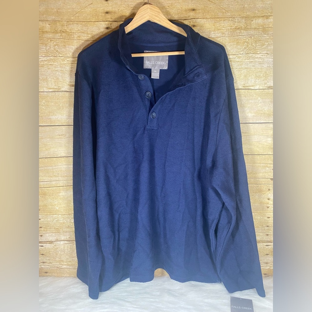 Falls Creek Mens sz 2XL Navy Blue Herringbone Long Sleeve Knit Pullover NWT